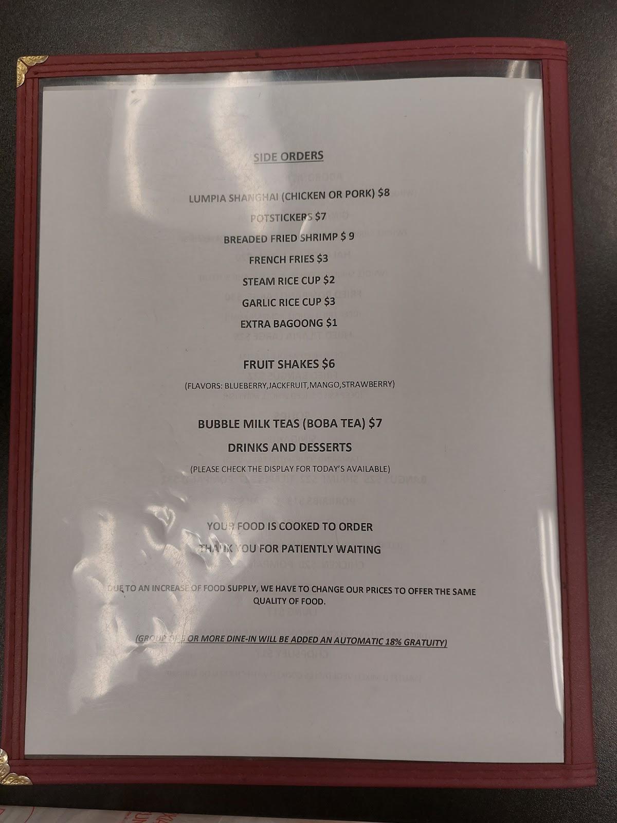 Menu at Gold Digger Filipino Restaurant, Juneau