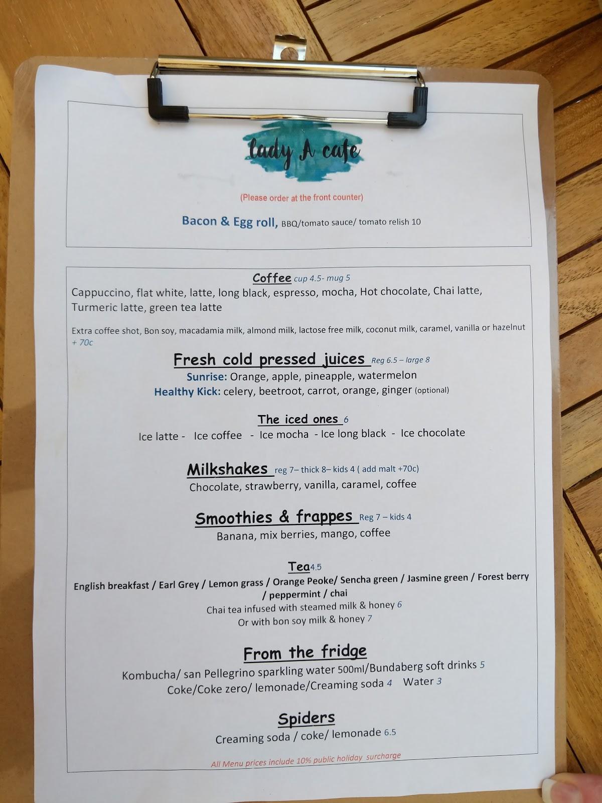 Menu at Lady A Cafe, Coffs Harbour, City Square