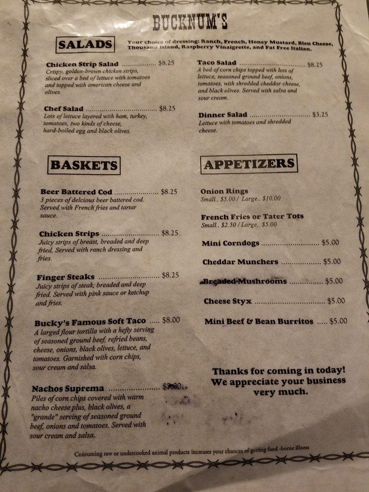 Menu at Bucknum's pub & bar, Heppner