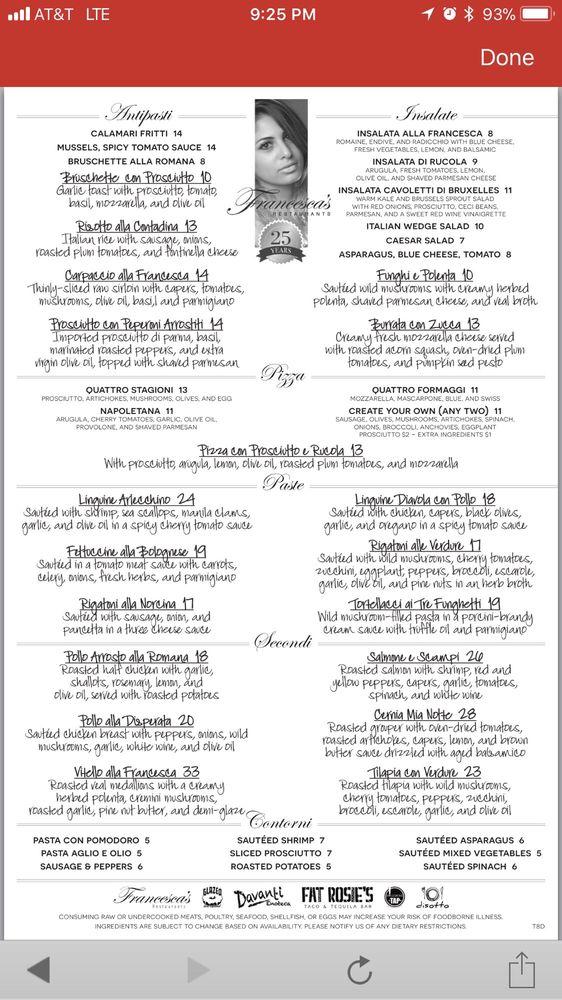 Menu at La Sorella di Francesca restaurant, Naperville