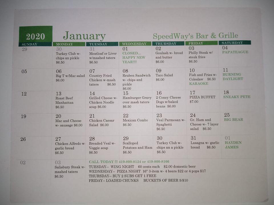 Menu at Speedways Bar and Grille, Bradner