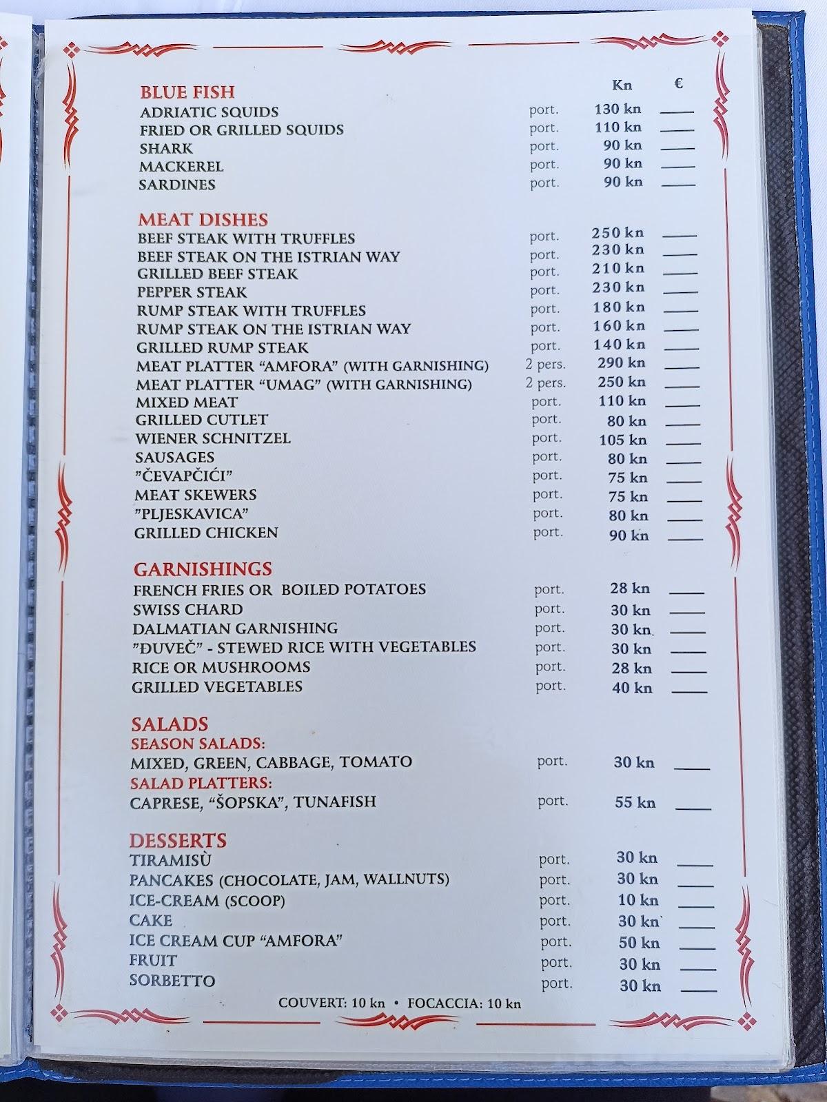 Menu at Restoran Amfora restaurant, Umag
