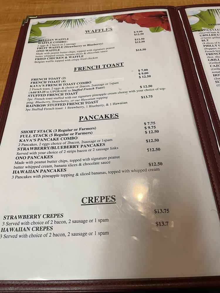 Menu at Kava's Pancake House restaurant, Anchorage, 100 Muldoon Rd