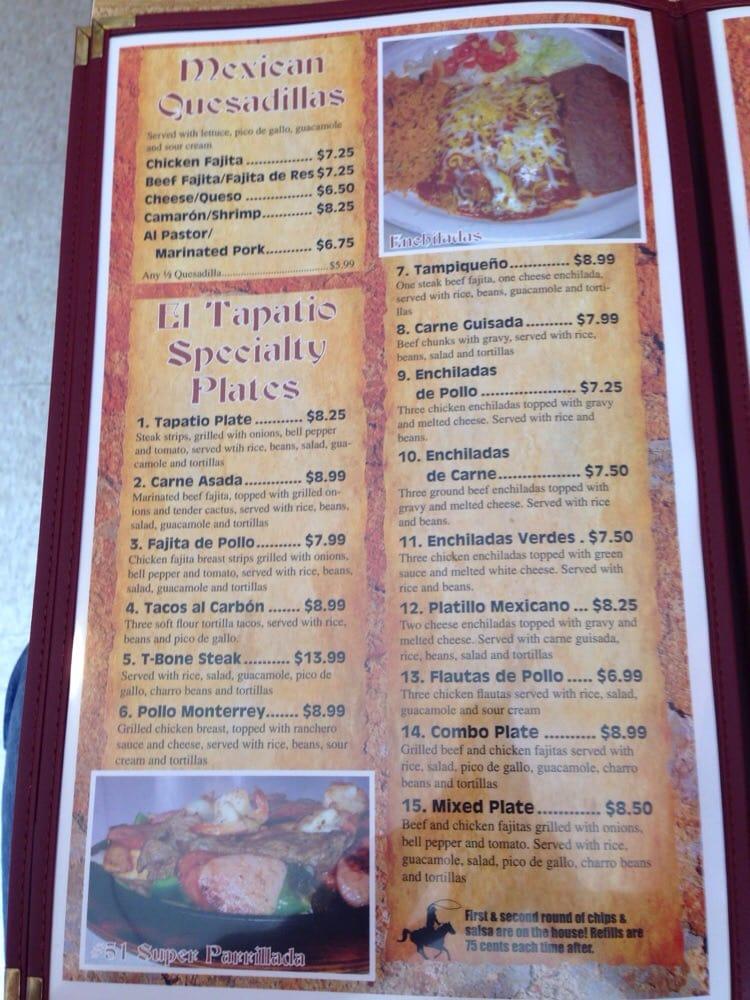 Menu at El Tapatio restaurant, Riesel