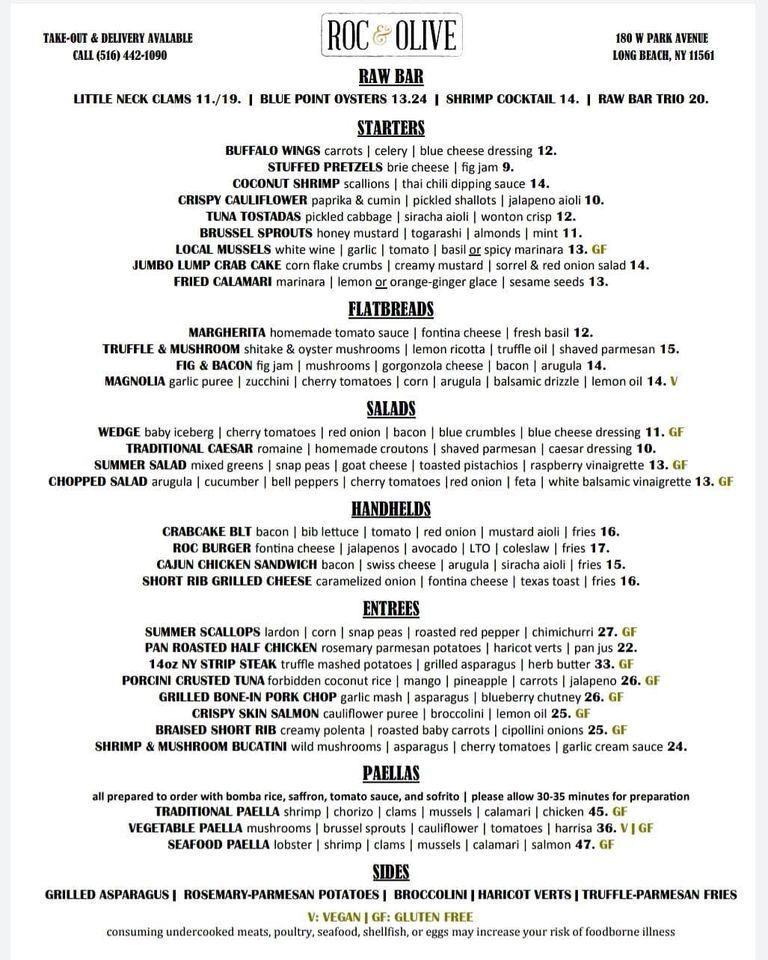 Menu at Roc & Olive restaurant, Long Beach