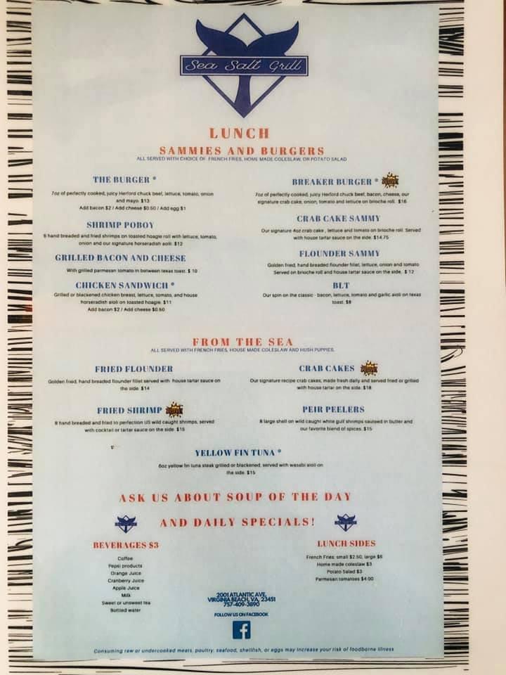 Menu at Sea Salt Grill restaurant, Virginia Beach