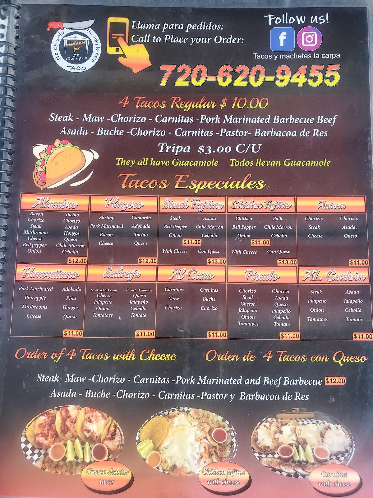 Menu at Tacos Y Machetes la Carpa restaurant, Aurora, E 6th Ave