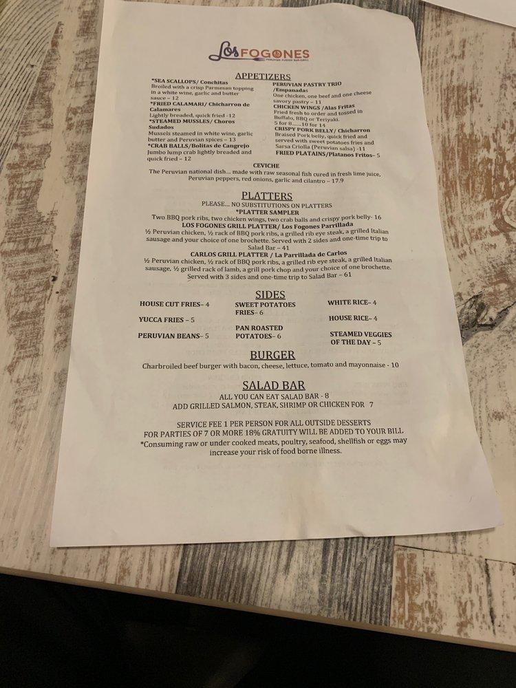 Menu at Los Fogones Restaurant Peruvian Fusion, Goldsboro