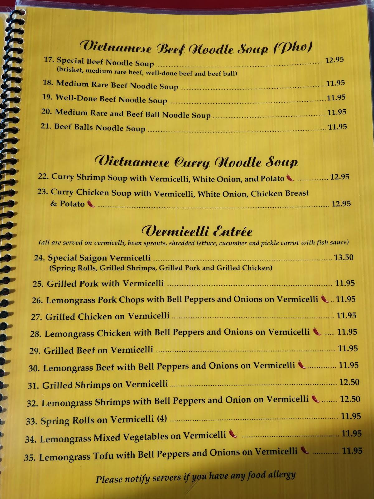 Menu at New Saigon Oriental Noodle House restaurant, Lloydminster