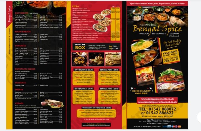Menu at The Bengal Spice Takeaway and Restaurant, Keith