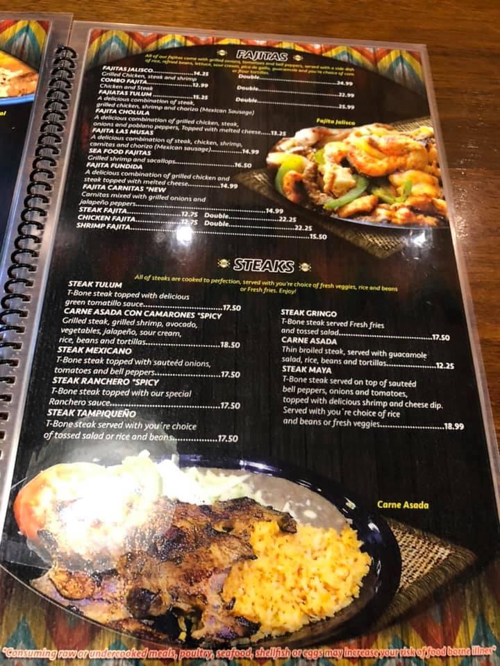 Menu at Tulum restaurant, Plover