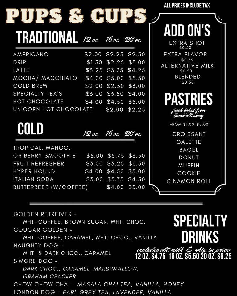 Menu at Pups & Cups Cafe, Pullman