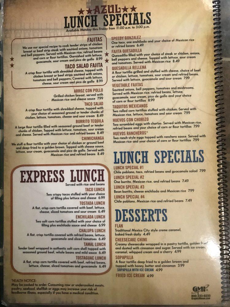 Menu at Azul Tequila Mexican Bar & Grill, Saint Joseph