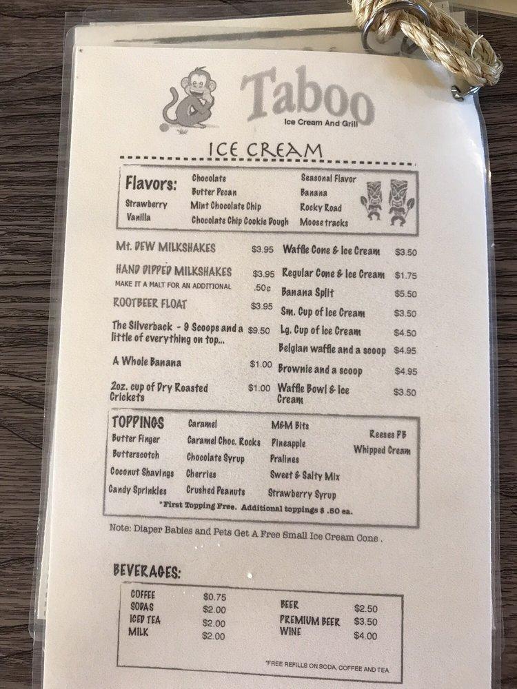 Menu at Taboo Grill Gourmet Burgers and Ice Cream. restaurant, Laurie