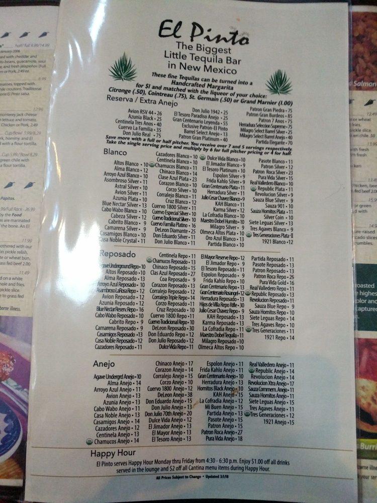 Menu at El Pinto Restaurant, Albuquerque, 4th St NW