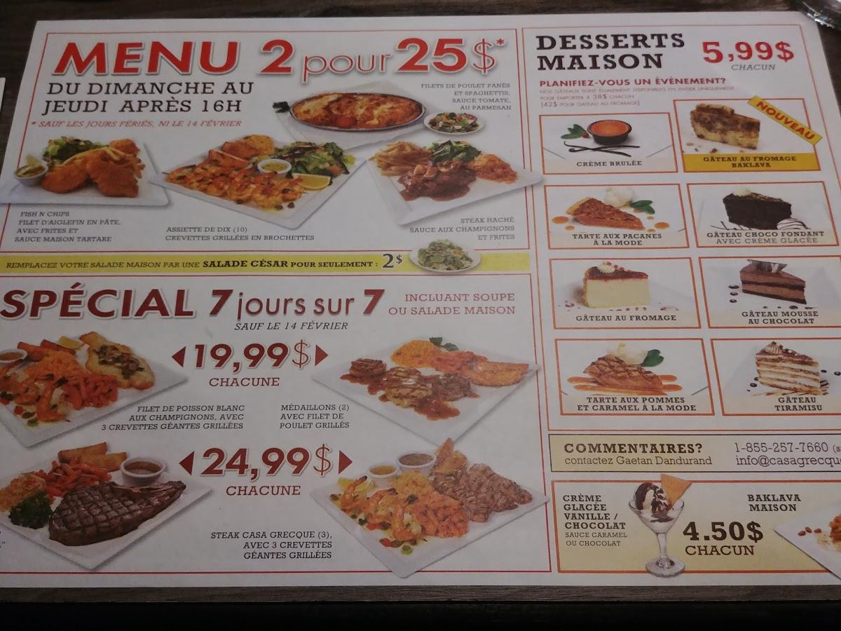 Menu au Casa Grecque restaurant, Blainville