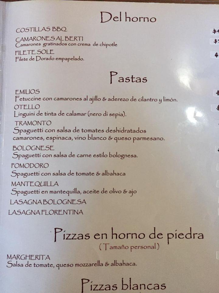 Carta de pizzería Emilios Zihuatanejo Zihuatanejo