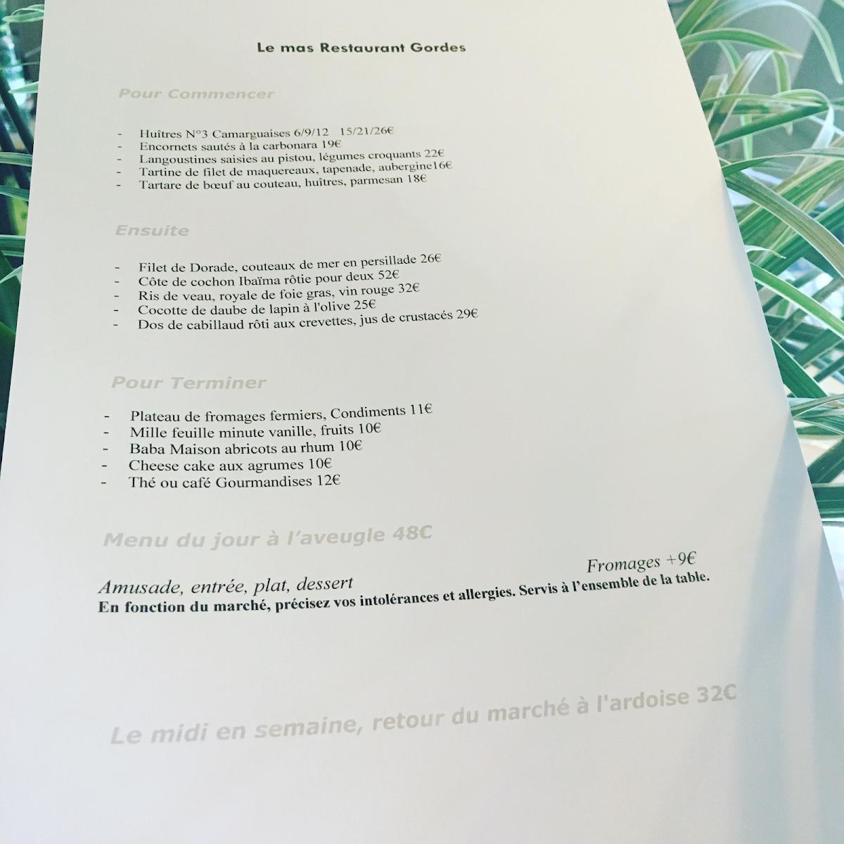 Menu Au Le Mas Gordes Restaurant Gordes