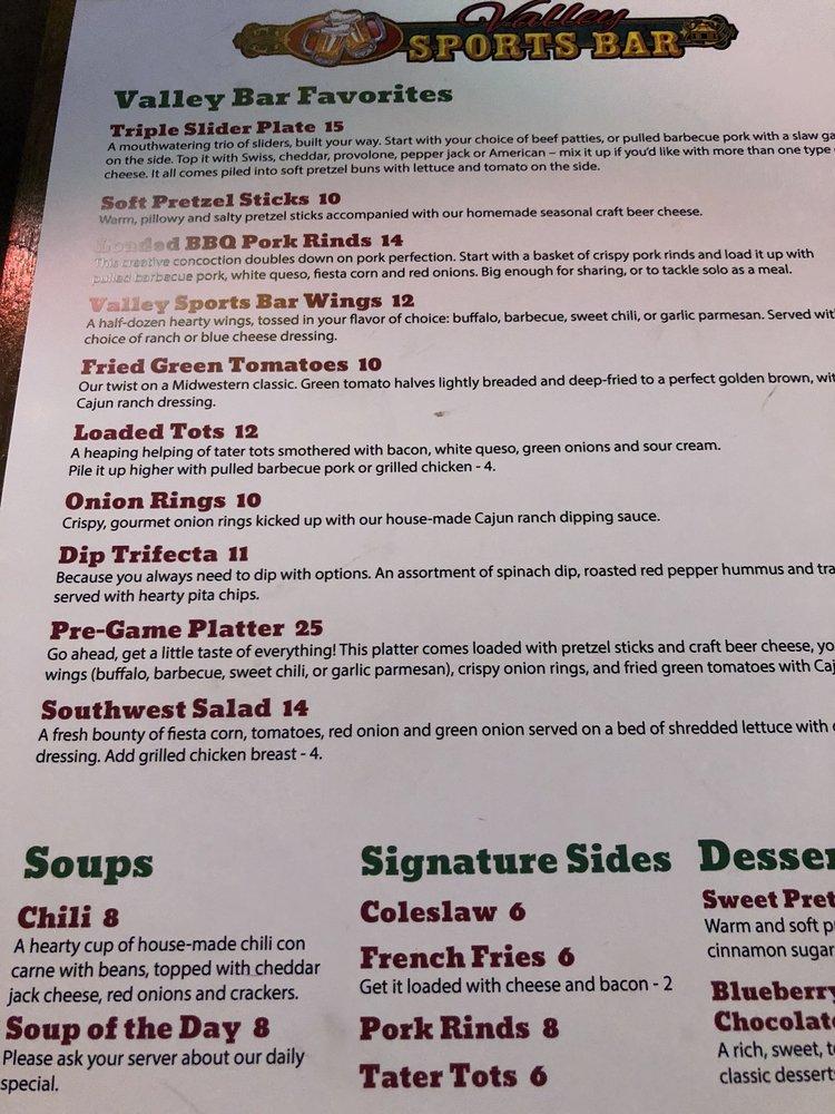 Menu at Valley Sports Bar, French Lick