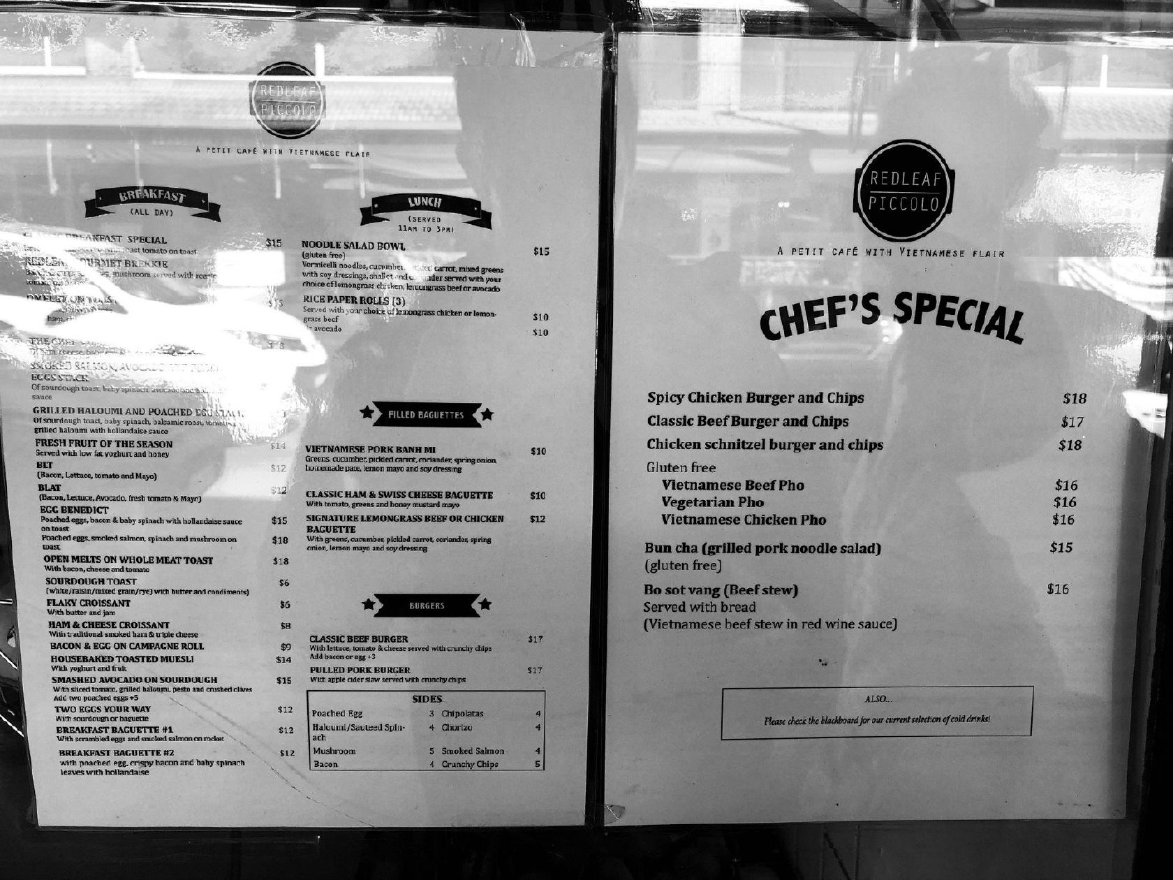 Menu at Redleaf Piccolo cafe, Wahroonga