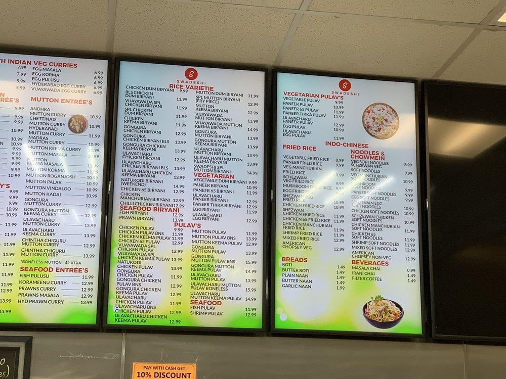Menu at Swadeshi Plaza restaurant, Irving