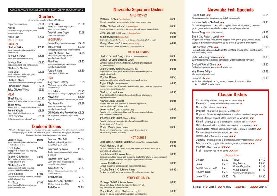 Menu at Nawaabz Restaurant, Cleethorpes