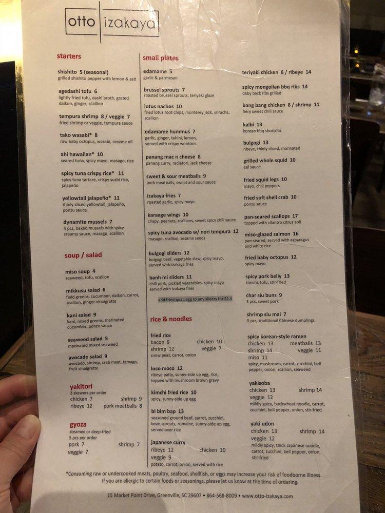 Menu at Otto Izakaya restaurant, Greenville, 15 Market Point Dr