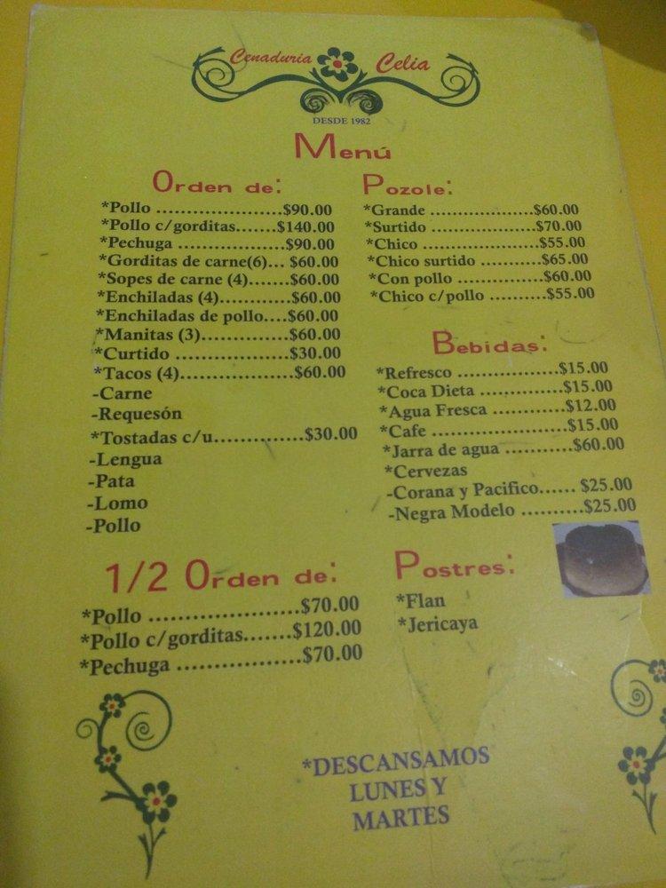 Menu at Cenaduria Celia restaurant, Puerto Vallarta, Lázaro Cárdenas 506