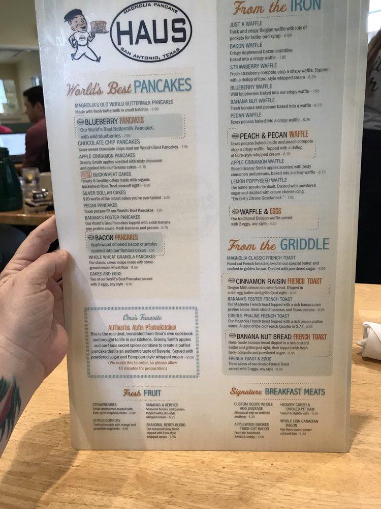 Menu at The Magnolia Pancake Haus restaurant, San Antonio, Huebner Rd