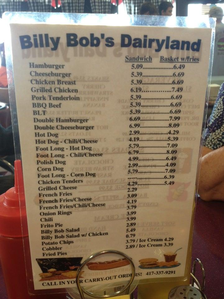 Menu at Billy Bob's Dairy Land restaurant, Branson, W 76 Country Blvd
