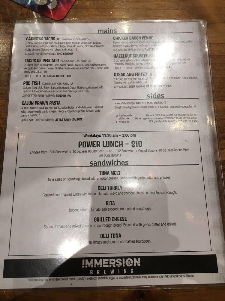 Menu at Immersion Brewing pub & bar, Bend