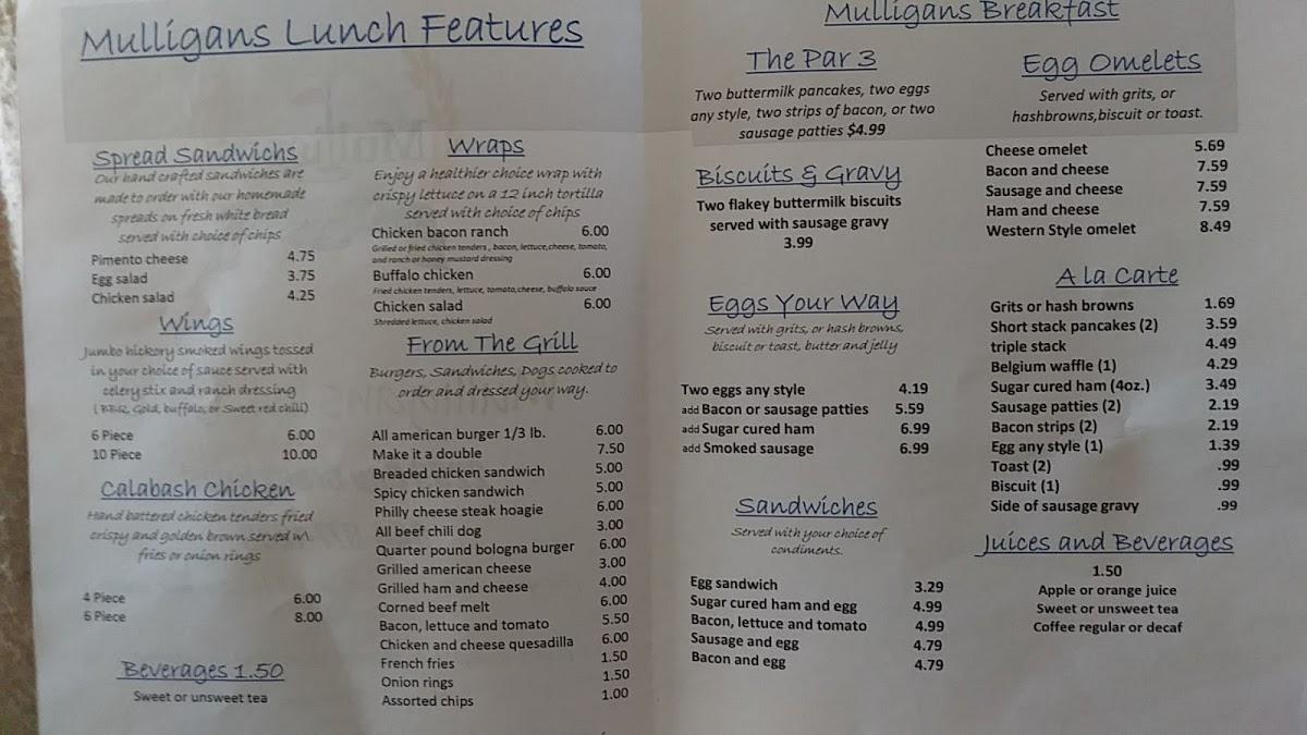 Menu at Mulligan's at GCC restaurant, Greer