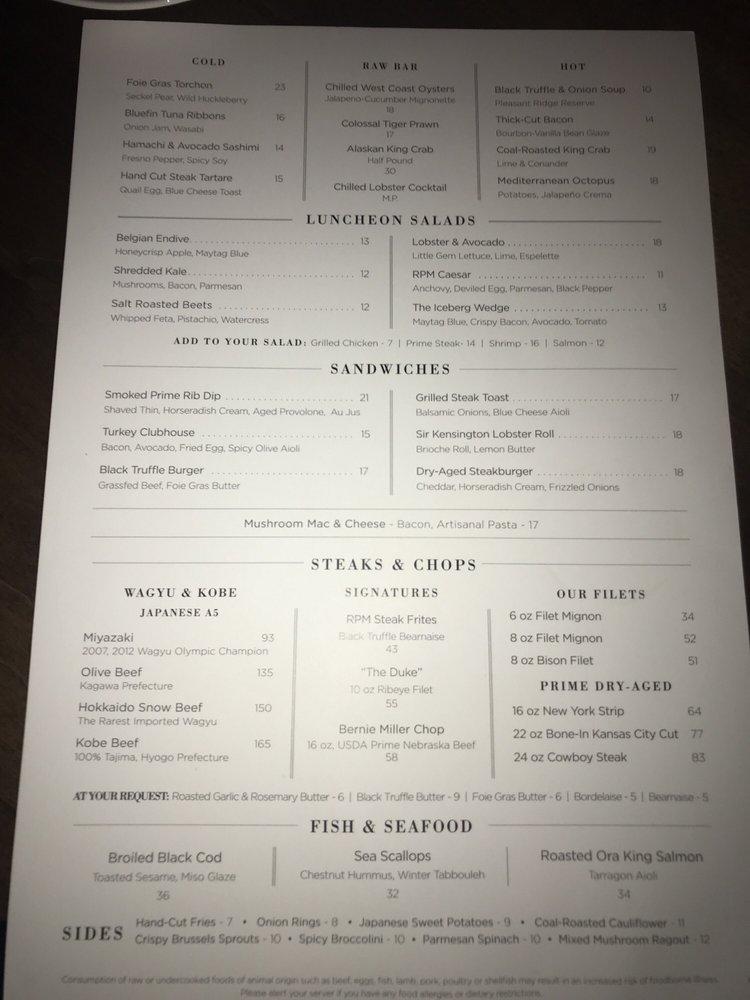 Menu at RPM Steak pub & bar, Chicago