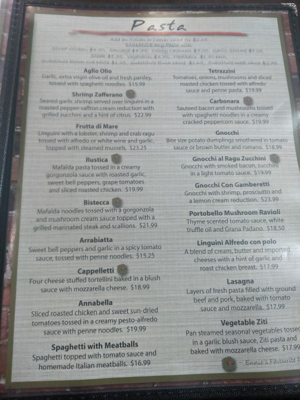 Menu at Ennio's Pasta House restaurant, Waterloo