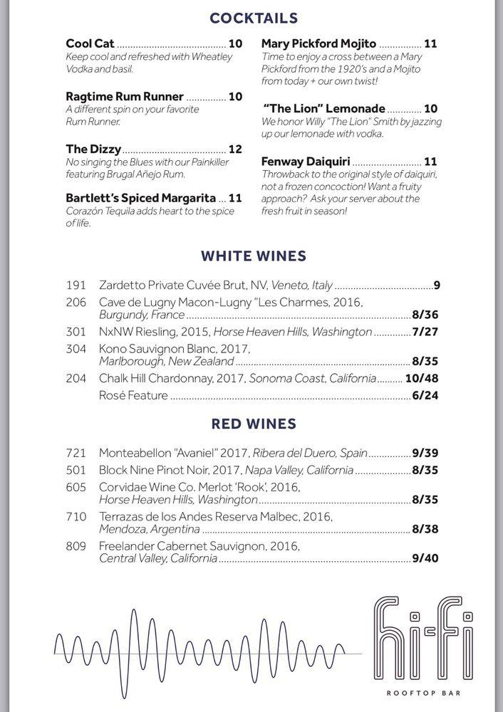 Menu at HiFi Rooftop Bar, Dunedin