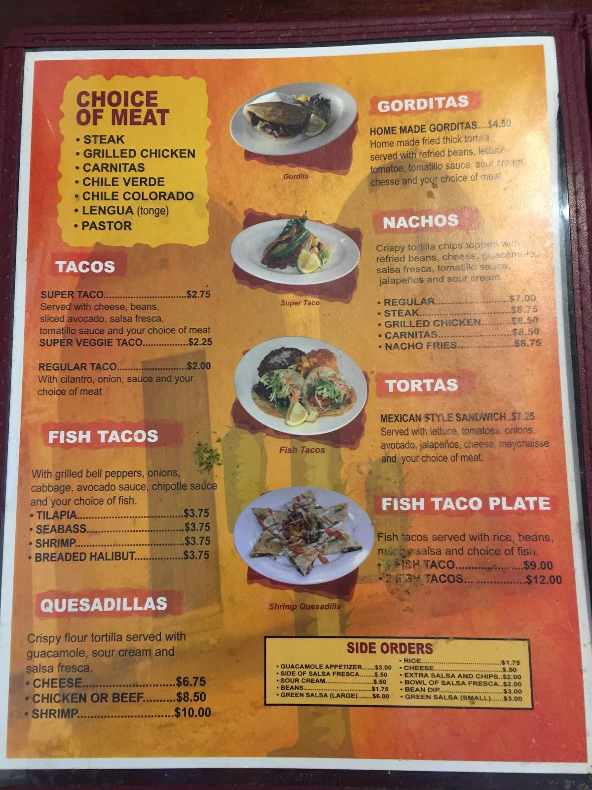 Menu at La Cueva restaurant, Saratoga