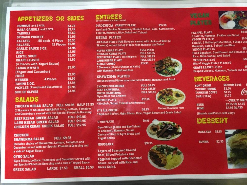 Menu at Phoenicia restaurant, Redlands