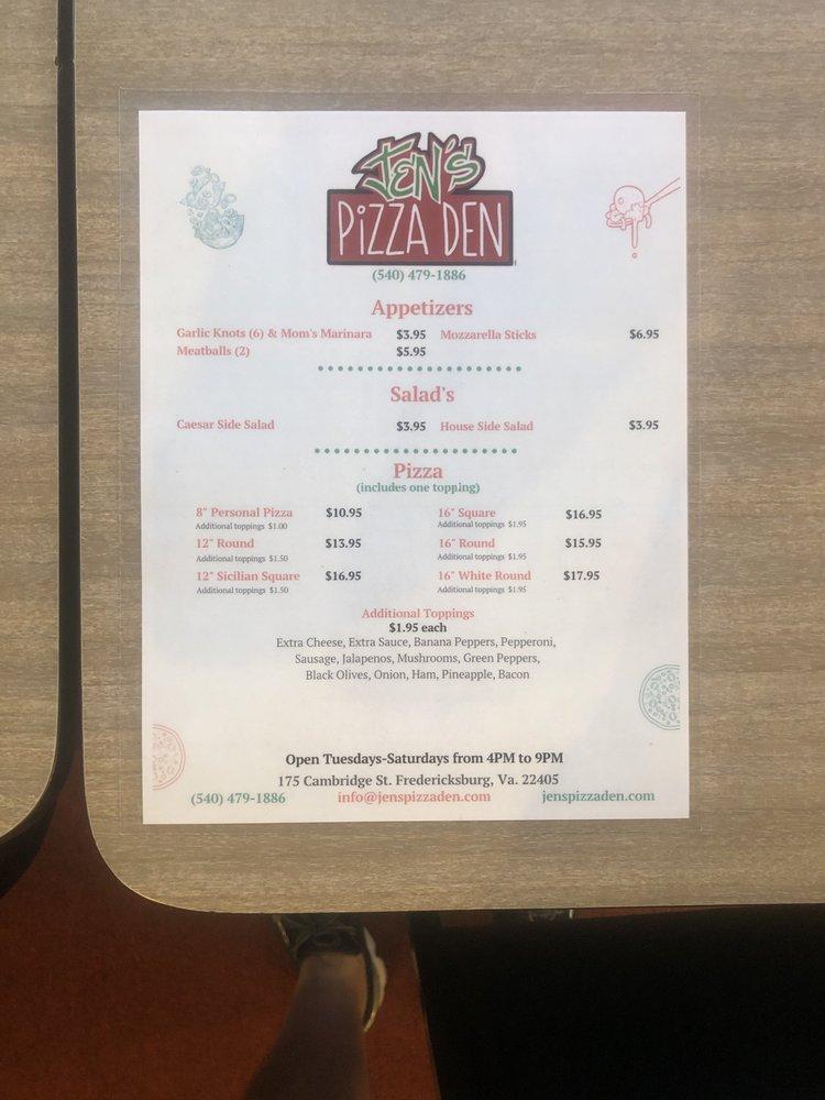 Menu at Jen's Pizza Den pizzeria, Fredericksburg