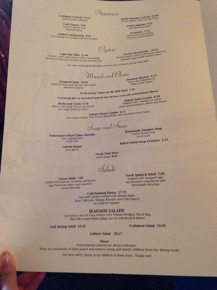 Menu at The Lobster House restaurant, Cape May, 906 Schellengers Landing Rd