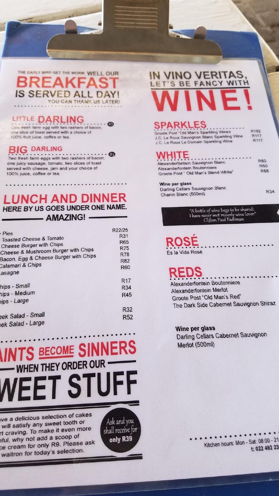 Menu at Cafe Mosaic, Darling, Main Street