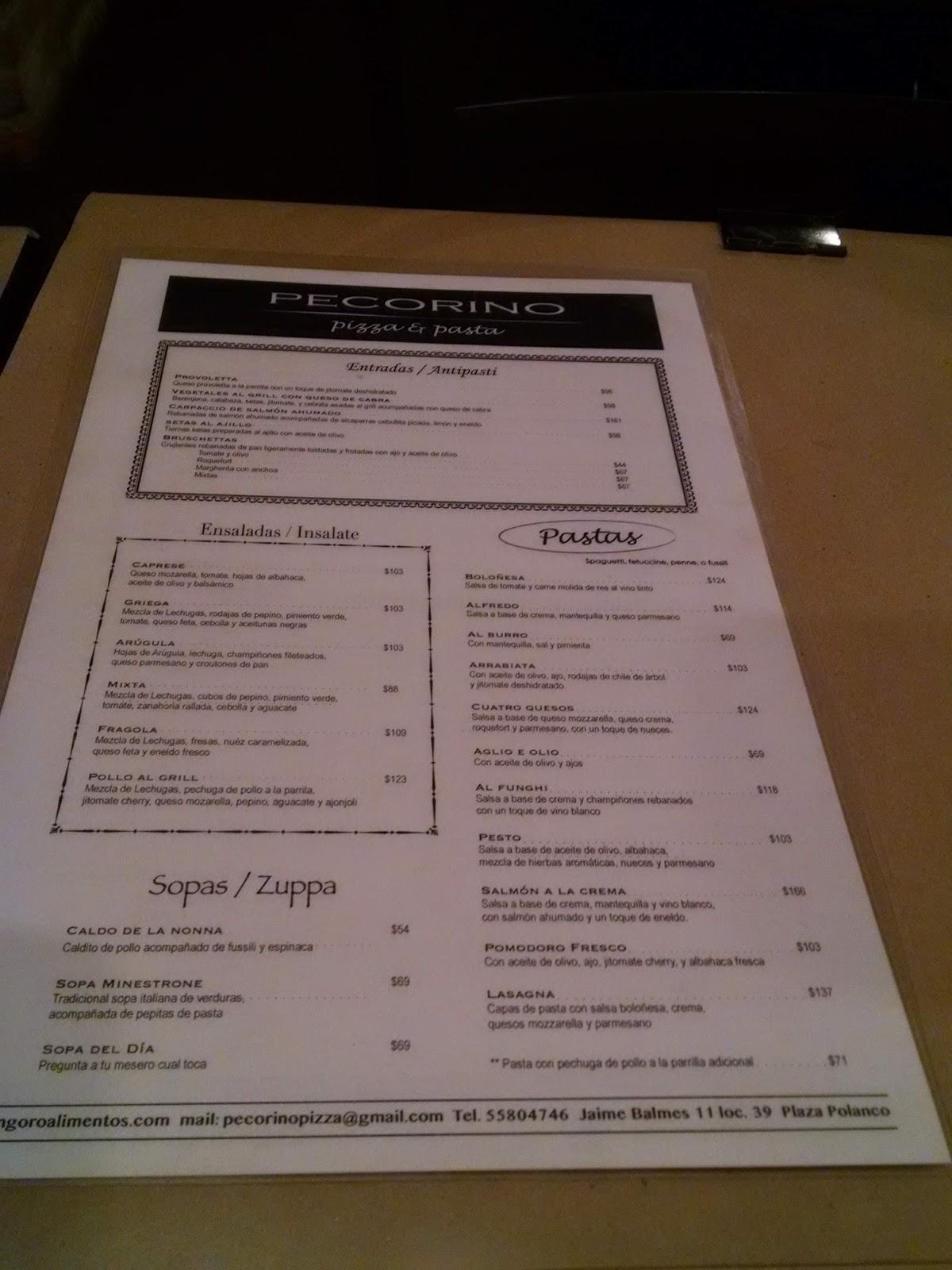 Carta del restaurante Pecorino kosher, Ciudad del México, Av. Jaime