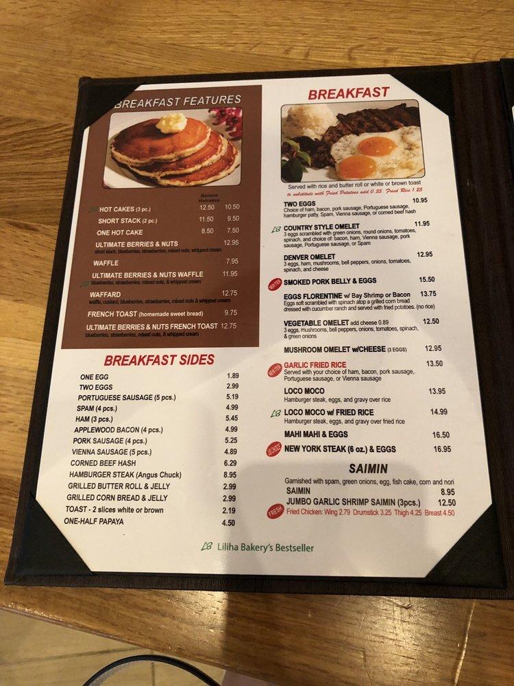 Menu at Liliha Bakery, Honolulu, 1450 Ala Moana Blvd