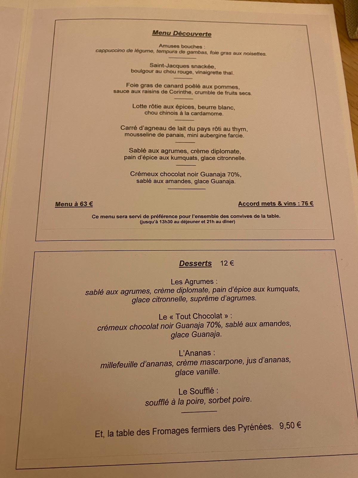 Menu at Au Fin Gourmet restaurant, Pau