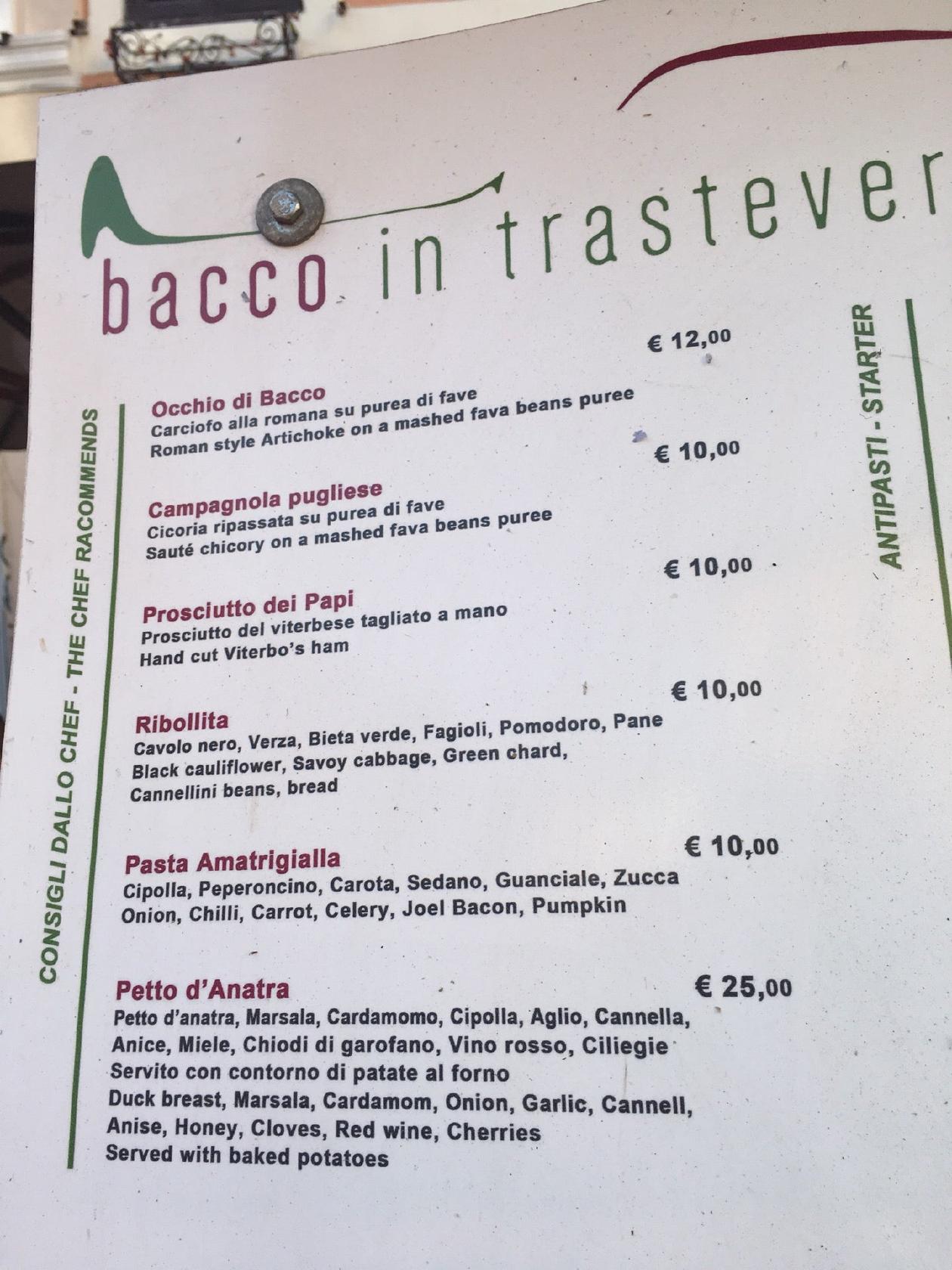 Menu At Bacco In Trastevere Restaurant Rome