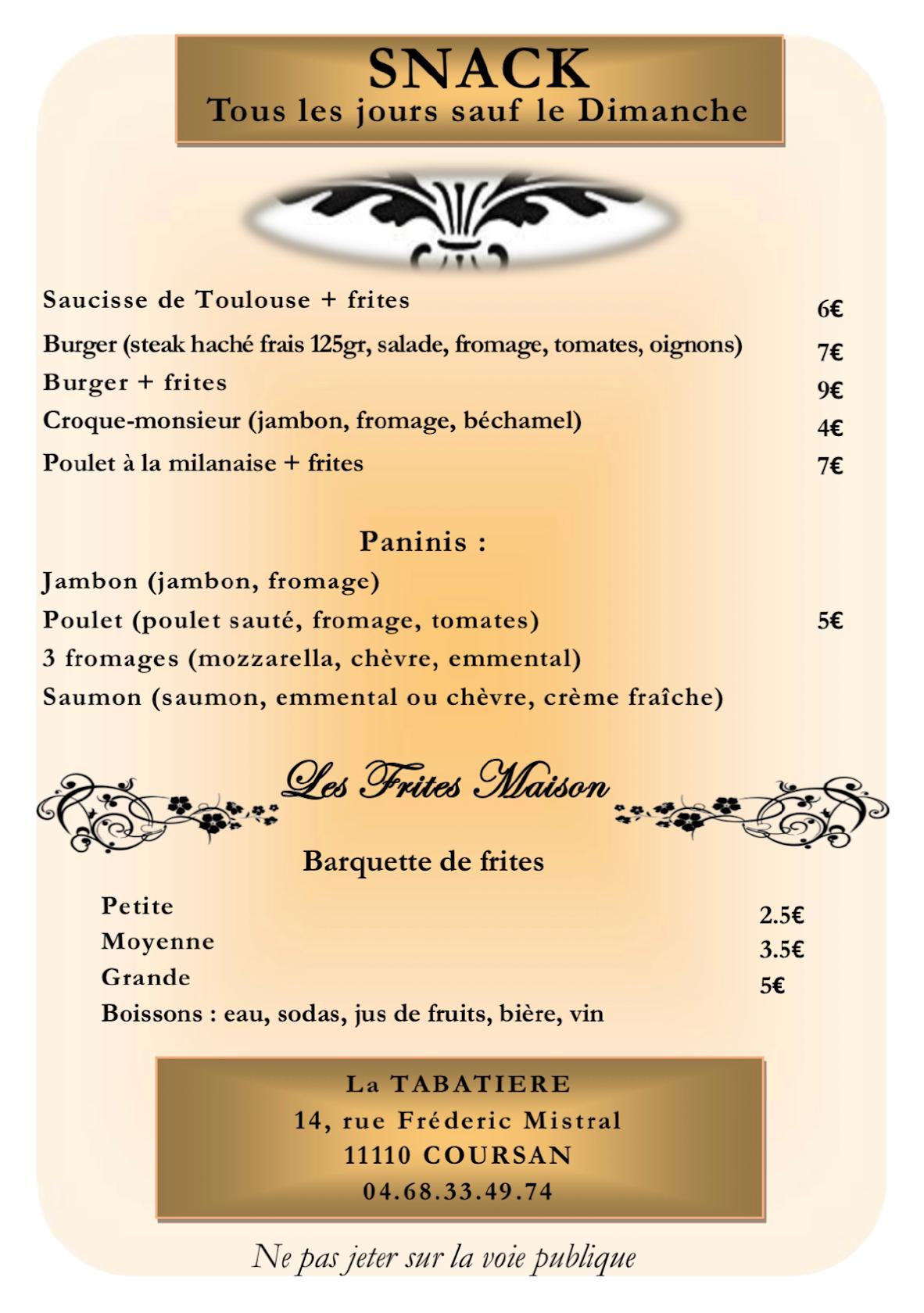 Menu at La Tabatière pub & bar, Coursan