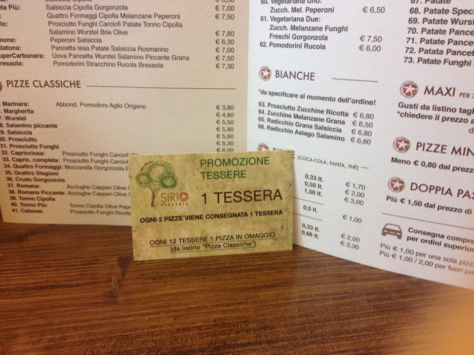 Menu da Sirio Pizzeria, San Bonifacio