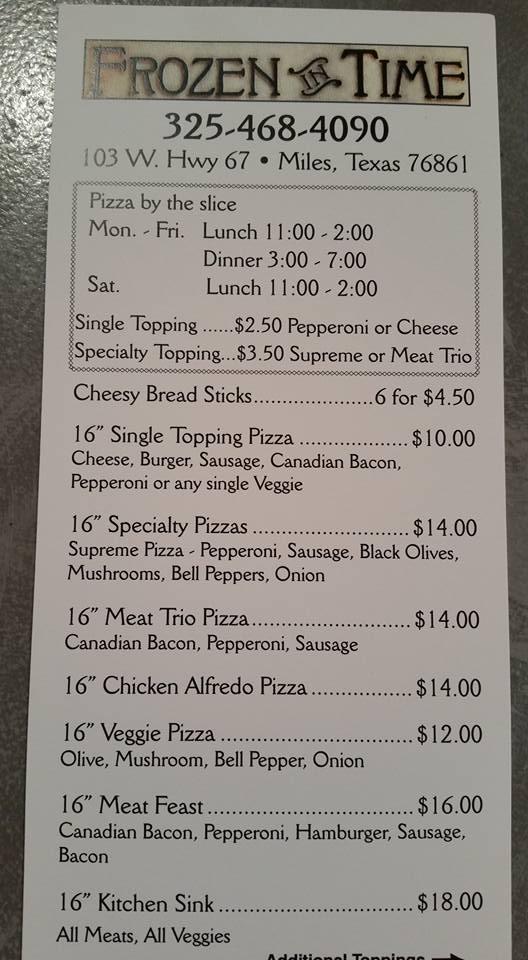 Menu at Frozen in Time pizzeria, Miles