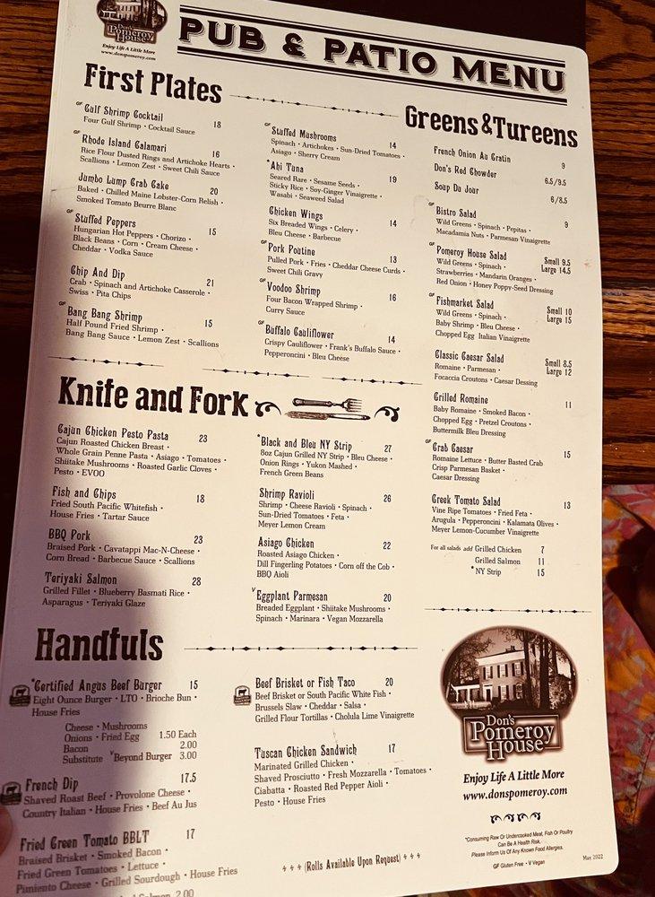 Menu at Don's Pomeroy House steakhouse, Strongsville