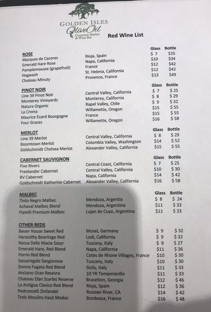 Menu at Golden Isles Olive Oil Gourmet Market & Wine Bar, Saint Simons