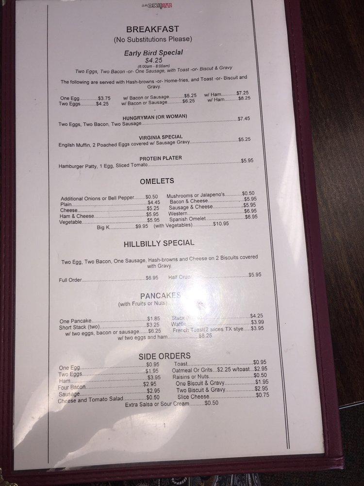 Menu at Virginia's Place restaurant, Edmond